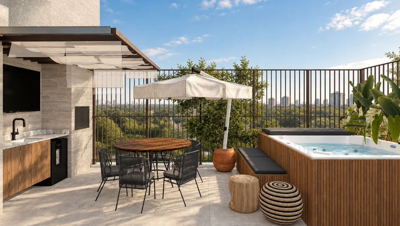 Terraço de cobertura com spa renderizado pelo Genius, com vista da cidade