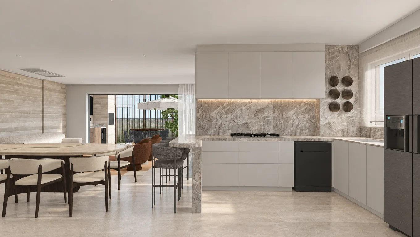 Cozinha e sala de jantar renderizadas pelo Genius